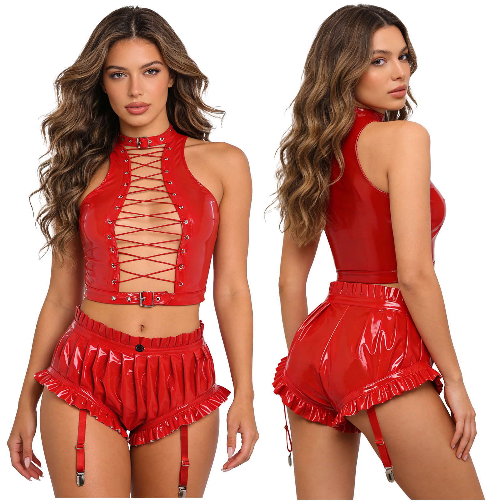 Womens Wet Look PU Leather Clu - Crop Top Women のレビューと価格