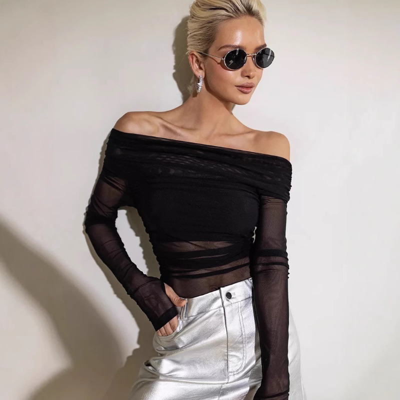 Women  Mesh Off Shoulder Top S - Crop Top Women のレビューと価格