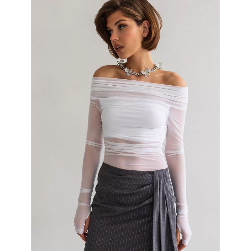 Women  Mesh Off Shoulder Top S - Crop Top Women のレビューと価格