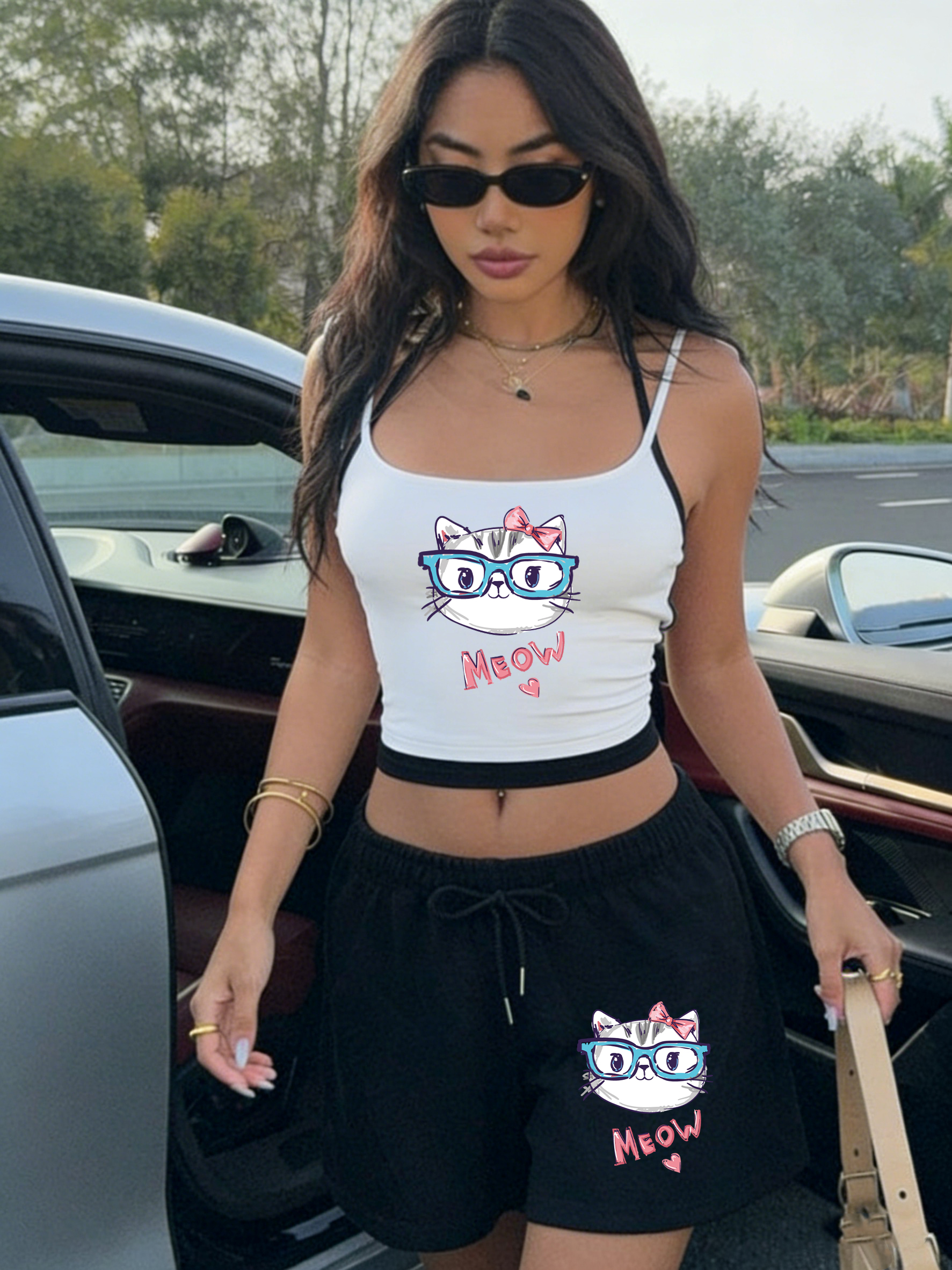 Meow Cute Bow Cat Print Crop T - Crop Top Women のレビューと価格