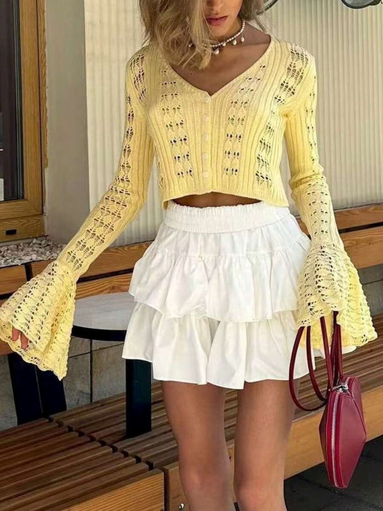 Womens Yellow Crochet Knit Fla - Crop Top Women のレビューと価格