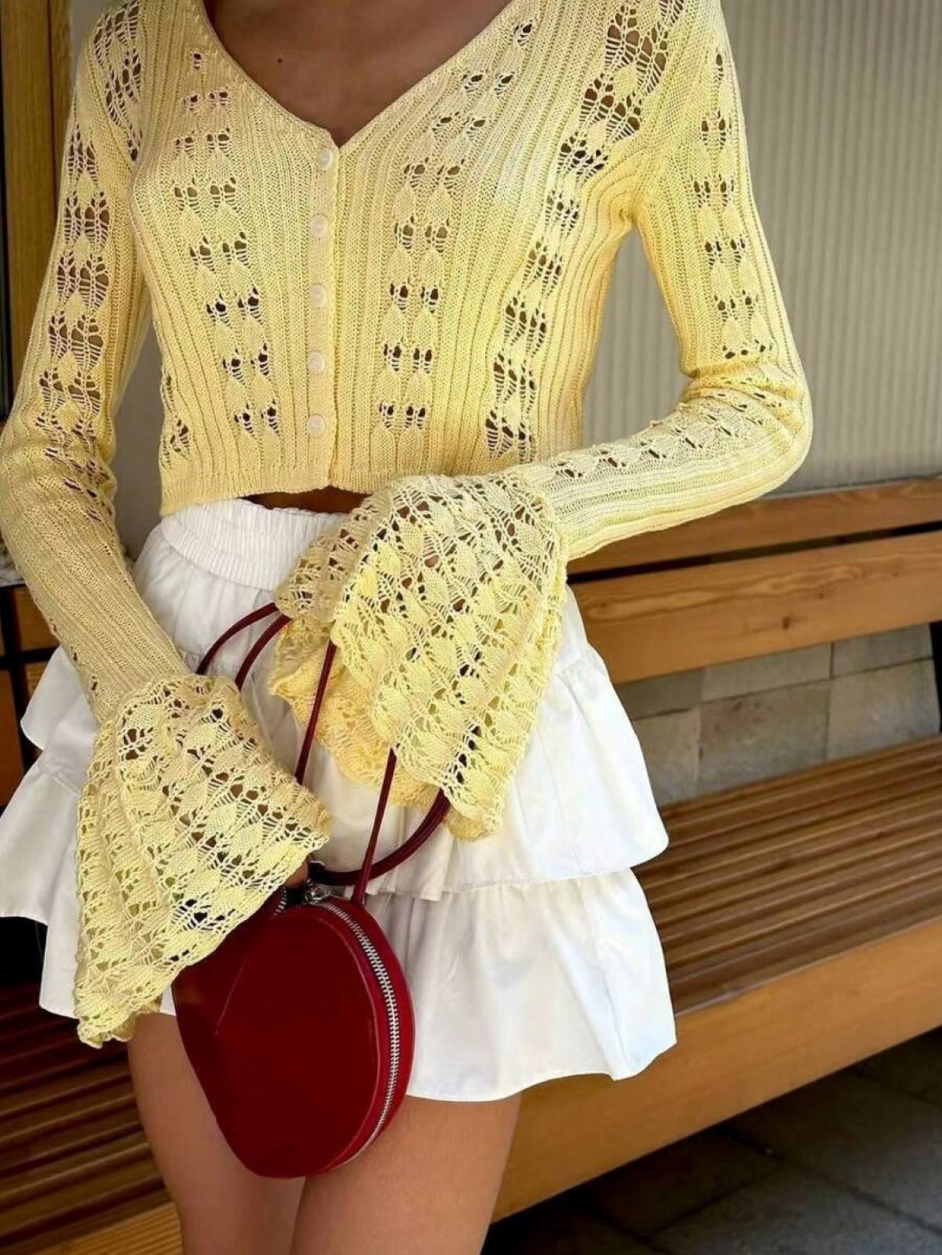 Womens Yellow Crochet Knit Fla - Crop Top Women のレビューと価格