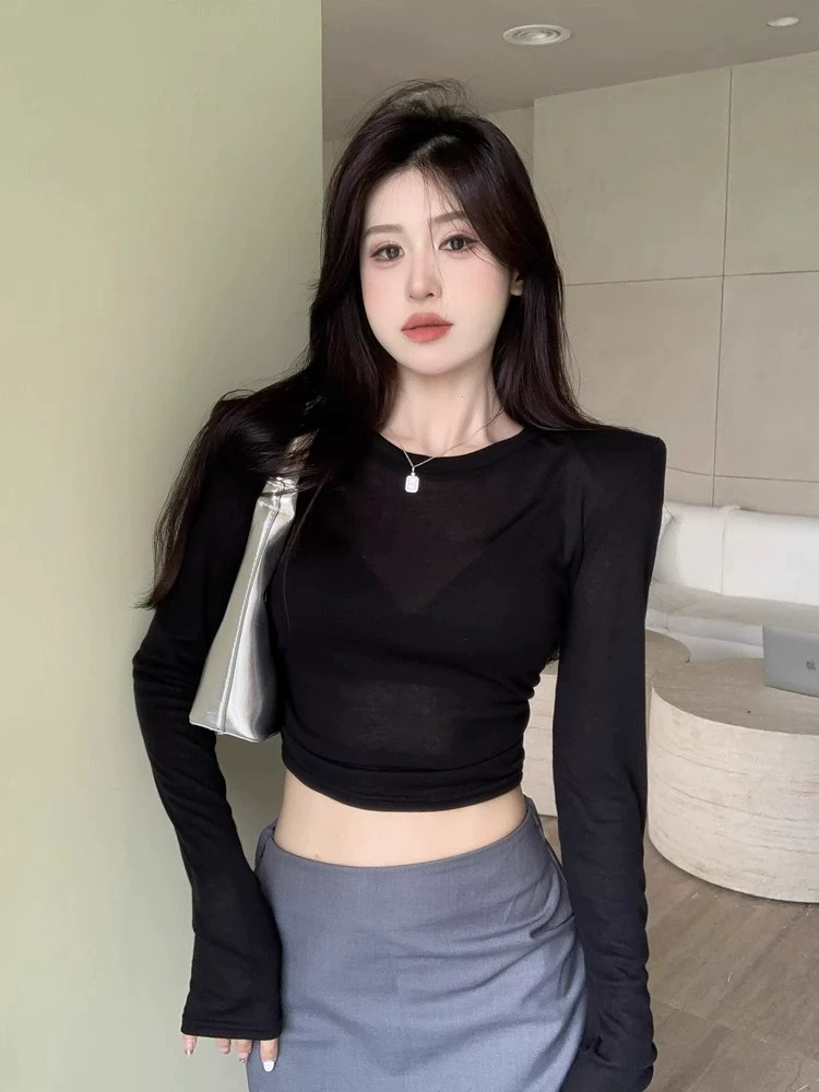 Y2K Sexy Shoulder Pads Long Sl - Crop Top Women のレビューと価格
